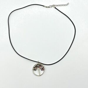 VTG Boho Tree of Life Wire Wrapped Crystal Pendant Necklace Black Cord Earthy